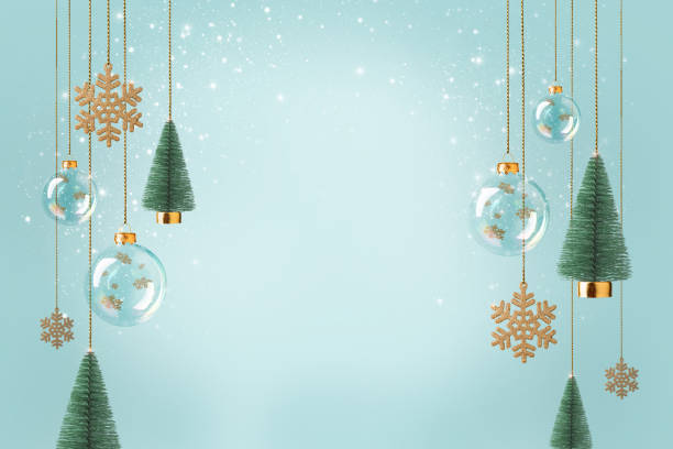 Christmas background with hanging trees, transparent balls, pastel background