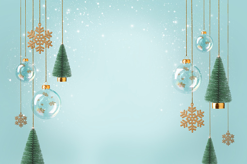 Abstract Christmas background with hanging trees, transparent balls, pastel background Christmas pastel blue background for winter holidays and cosmetics.