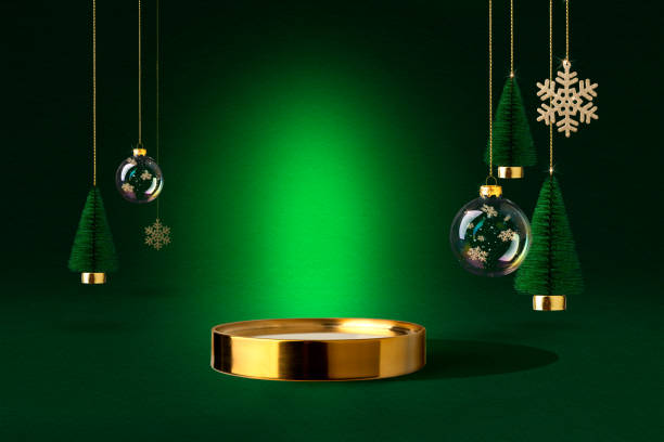 istock Modern product display on dark green luxury background with Christmas decor 1764639328