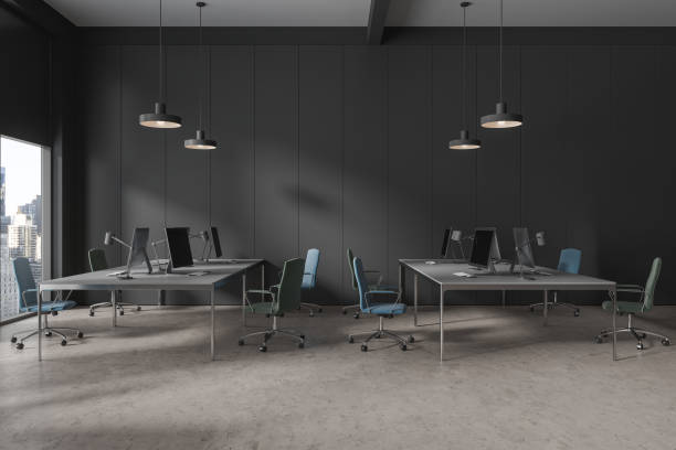 istock Modern coworking interior with pc desktop and armchairs in row, panoramic window 1764640542