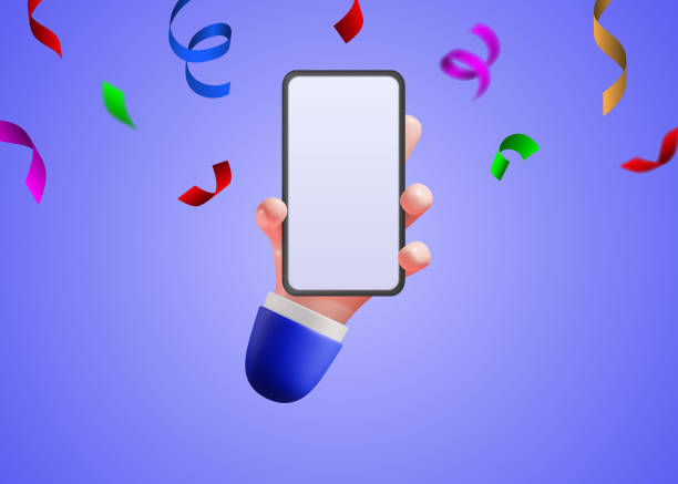 istock Hand holding blank smartphone mockup against confetti background. Concept of winning, holiday, gift. 1764647522