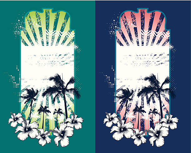 grunge summer poster with palms and hibiscus vector art illustration