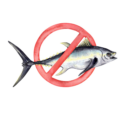 No fishing tuna icon. Forbidden fish icon. Warning, caution, attention, restriction, label, ban, danger. No feeding sign. design pictogram symbol. watercolor illustration. hand drawn