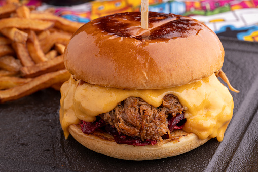Close up of tasty melted cheese pulled pork burger with fries
