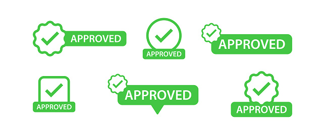 Approved sticker icon. Approve stamp symbol. Quality seal signs. Certified badge symbols. Guarantee baner icons. Green color. Vector isolated sign.