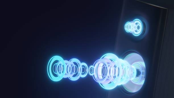 istock Sound speaker close-up. Audio stereo system. 3d ound speaker in neon light with sound wave from the on dark background. 3d rendering 1764666494