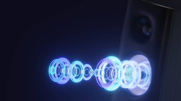 istock Sound speaker close-up. Audio stereo system. 3d ound speaker in neon light with sound wave from the on dark background. 3d rendering 1764666496