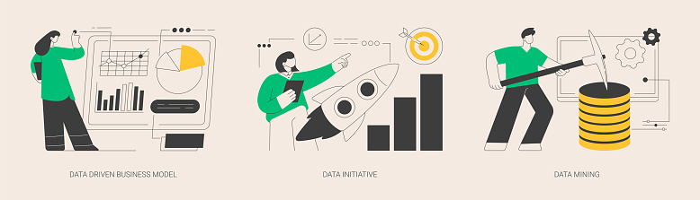 Data analytics abstract concept vector illustration set. Data driven business model, information initiative, data mining, decision making, machine learning analytics, open platform abstract metaphor.