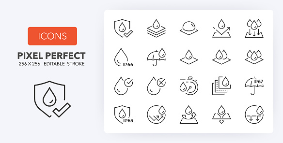 Waterproof fabrics and absorbent fabrics, thin line icon set. Outline symbol collection. Editable vector stroke. 256x256 Pixel Perfect scalable to 128px, 64px...