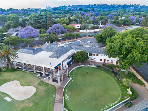 Parkview Golf Club established in 1916 showing the clubhouse and the trees in the suburb, the most prestigious golf club in Johannesburg.