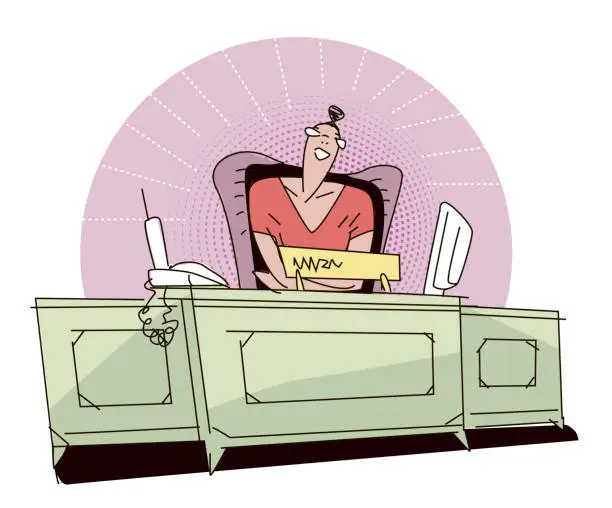 Vector illustration of happy cute businesswoman at her desk in the office