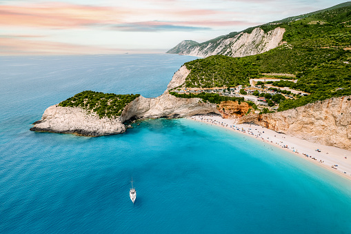 Drone view of turquoise sea and mountain