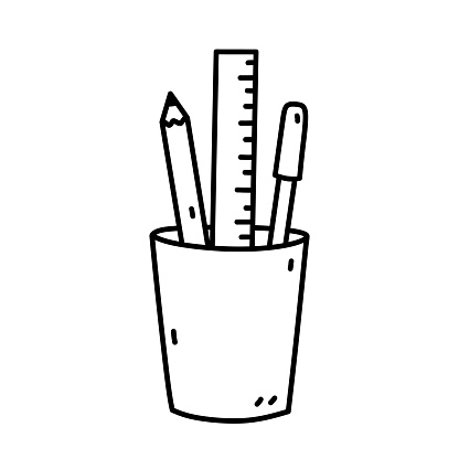 A glass with stationery - pencil, pen, ruler. School supplies. Vector hand-drawn illustration in doodle style. Perfect for logo, decorations, various designs.