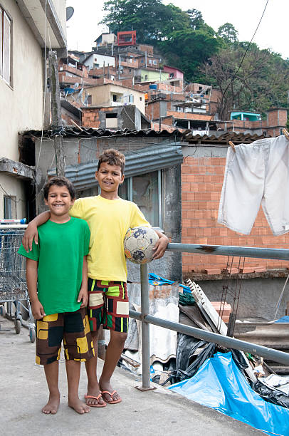 Football Team Mates in a brazilian slum, Rio de Janeiro stock photo