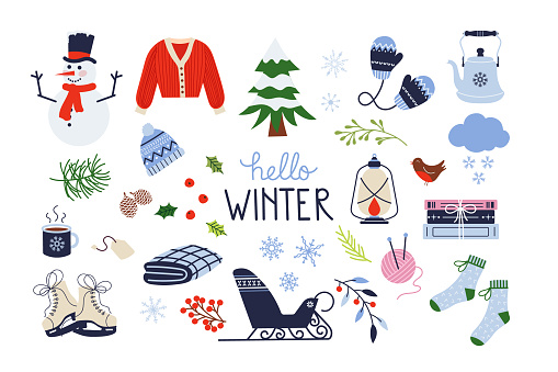 Set with cozy winter elements. Snowman, knitted sweater, socks, blanket, teas et, winter text, snowflakes, pine tree, sledge, ice skates, botanical elements, wool... Vector illustration.