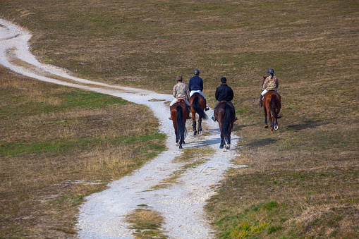 Palmanova, Italy - February 20, 2023: Horseback rider gracefully explore Palmanova's bastions, blending equestrian adventure with the captivating beauty of the surroundings