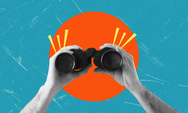 istock Planning and analytics, art collage. Hands holding binoculars on blue background with orange circle. 1764717736