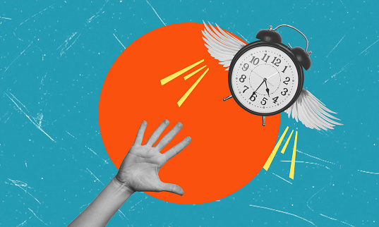 A contemporary artistic collage, time is flying by. A hand is attempting to catch time, represented by a clock with wings.