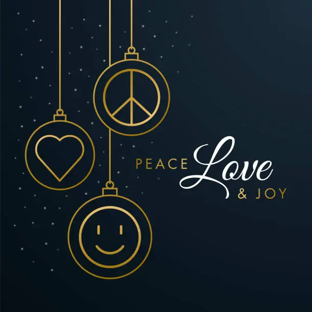 Vector illustration of Christmas card. Christmas bauble with Peace, love and Joy symbol.