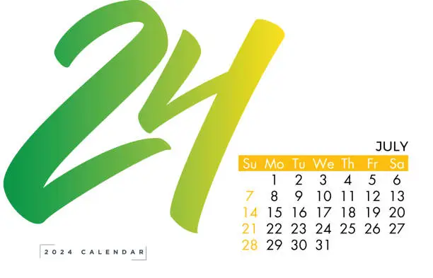 Vector illustration of July. 2024 monthly calendar. Illustration vector calendar week start on Sunday in colorful and white theme stock illustration