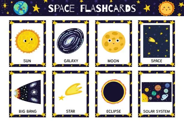 Vector illustration of Space flashcards collection with cute characters and cosmic elements