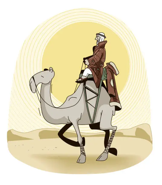 Vector illustration of an Arab in a coat riding a camel in the desert
