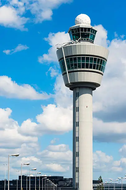 The air traffic control tower at Amsterdam Schiphol international airport