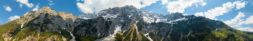 Mount Temple located above Larch Valley and the mountains nearby - panoramic view from Fay Glacier in Banff National Park, Alberta, Canada