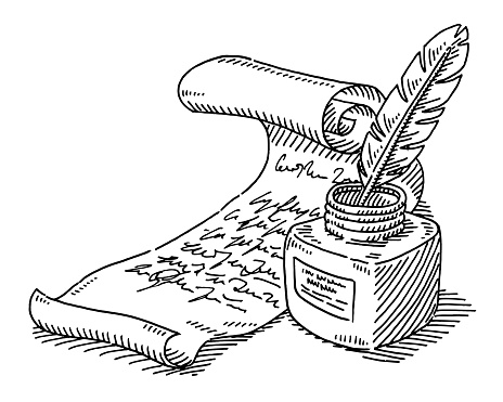 Hand-drawn vector drawing of a Writing Feather, a Inkpot and a Paper Scroll. Black-and-White sketch on a transparent background (.eps-file). Included files are EPS (v10) and Hi-Res JPG.