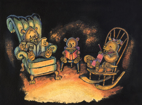 Ink and watercolor illustration of a family of three bears sitting together on chairs in their den, lit by firelight.