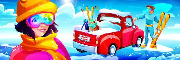 Vector illustration of A young couple of skiers, a man and a woman, in winter clothes with a frozen bulldog in a pickup truck against the backdrop of a winter village landscape. Creative vector illustration in cartoon style.