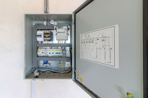 Electric control panel enclosure for power and distribution electricity. Uninterrupted, electrical voltage.