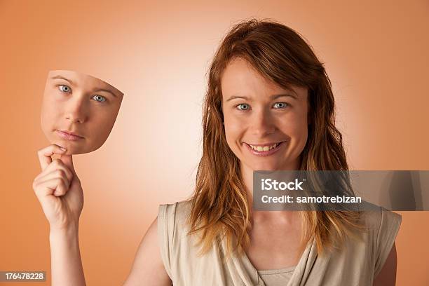 Woman Hiding Under The Happy Mask Hypocritical Insincere Twofaced Female Stock Photo - Download Image Now