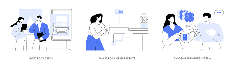 Interior rennovation abstract concept vector illustration set. Living room design, taking room measurements, choosing furniture material, apartment custom repair service abstract metaphor.
