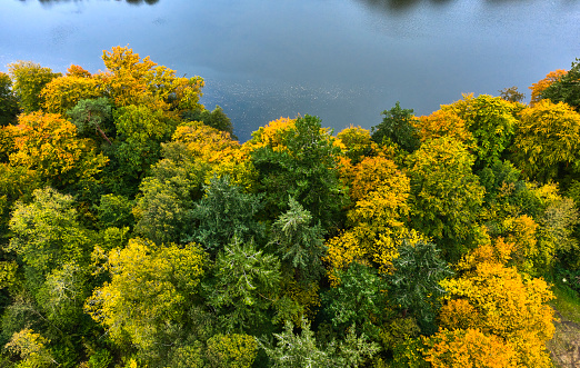 Lake surrounded by trees in the colors of autumn. The lake is called the typical name Long Lake 