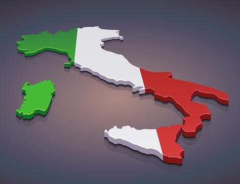 3D map of Italy in Italian flag colors isolated on dark background