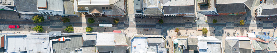 Preston, Lancashire, UK, September 06, 2023; high aspect aerial view of Fishergate high street shopping and over the town cityscape of Preston, Lancashire, England.