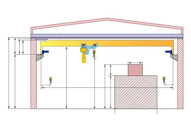 Vector illustration of Overhead crane sketch with dimensions. Dimensional drawing.