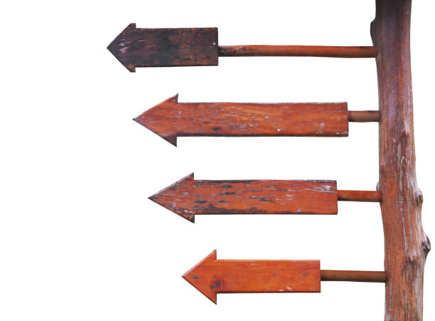 blank brown wooden board arrow shape hanging on wood post isolated on white background.