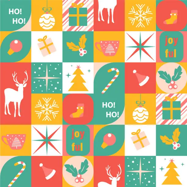 Vector illustration of Christmas holiday icon elements with geometric seamless pattern design. Modern style Christmas and Happy New Year decoration background