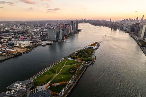 Aerial view of Roosevelt Island at sunset Manhattan, New York