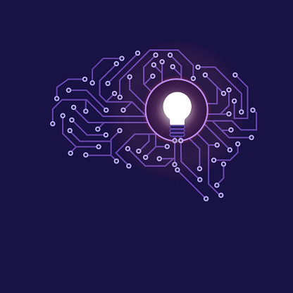 Illustration of connected neural networks illuminating a bulb inside a human brain