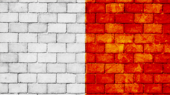 Horizontal illustration of a fifty fifty halved divided with paint or whitewash in bright orange red rust and white coloured illuminated brick wall with rectangular blocks in a textured grungy backgrounds. The wall is rough, uneven, empty and blank with no people and copy space.