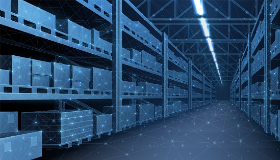 Smart warehouse. Automatic stock storage, modern distribution building, ecommerce warehouse, digital logistics, smart package hardware, AI delivery system, innovation in cargo, commercial storehouse