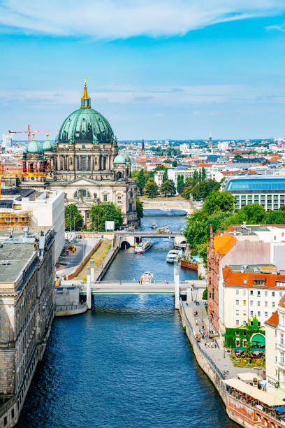 Aerial view of Berlin Cathedral and Spree River.