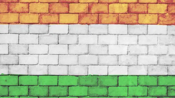 Vector illustration of Brick wall textured grunge vector Indian tricolour rustic faded backgrounds with three solid horizontal bands in light orange or saffron, white and green colors