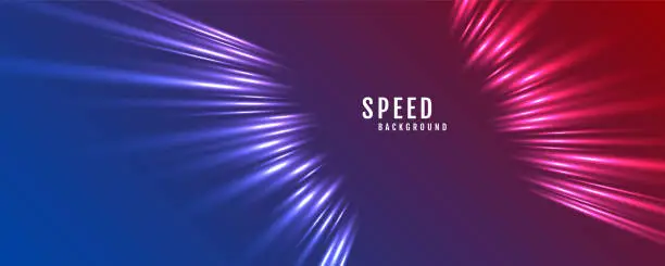 Vector illustration of 3D red blue techno geometric background on dark space with glow lines motion effect decoration. Modern graphic design element panoramic high speed style concept for banner, flyer, card, or brochure cover