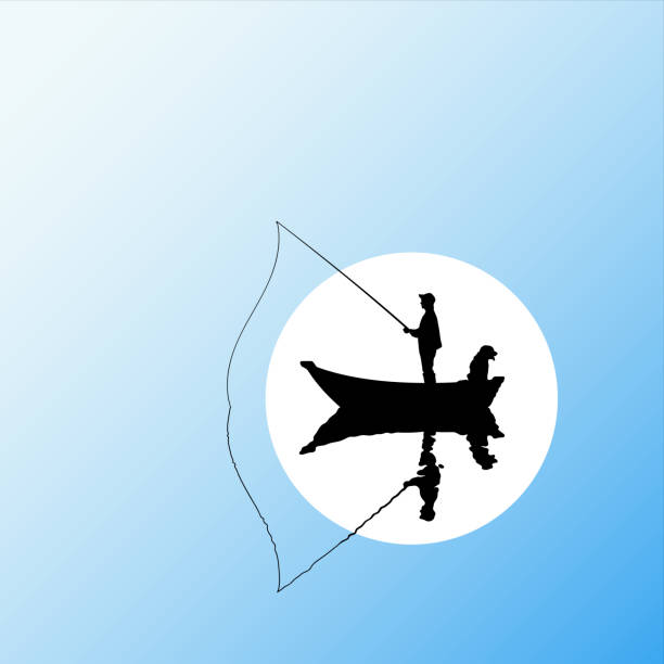 ilustrações, clipart, desenhos animados e ícones de pescador com vara de pesca em barco - silhouette nautical vessel sea morning