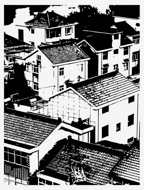 Vector illustration of abstract black and white outline woodcut modern Chinese architecture background
