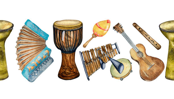 istock Watercolor drawn musical instruments isolated on white background. Seamless border for a music project. Hand drawn accordion, guitar, drums, and banjo. Xylophone painted. Design element for print 1764836765